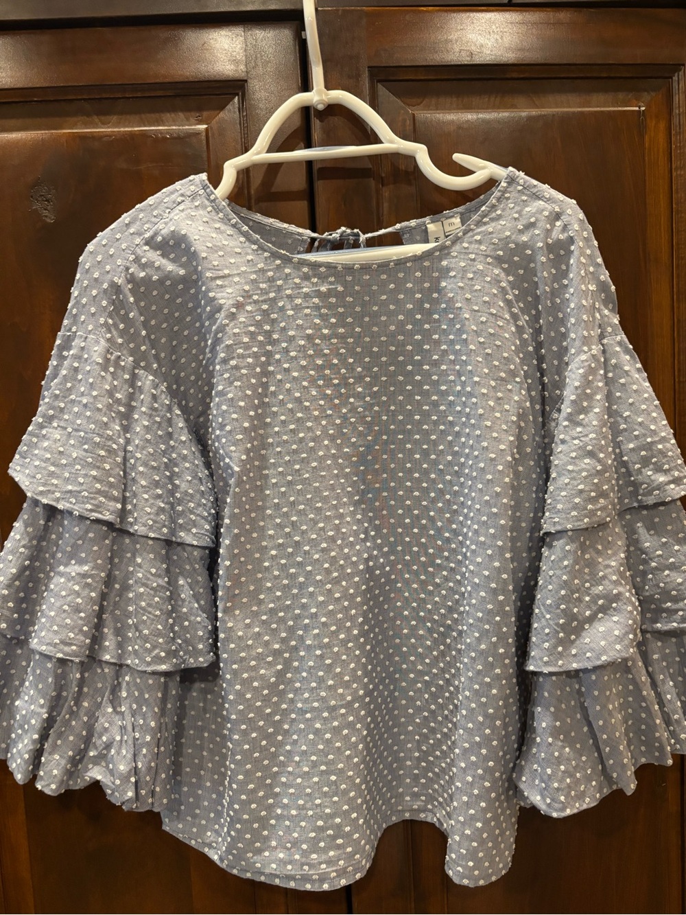 Kensie Light Blue Swiss Dot Tiered Ruffle Sleeve Blouse